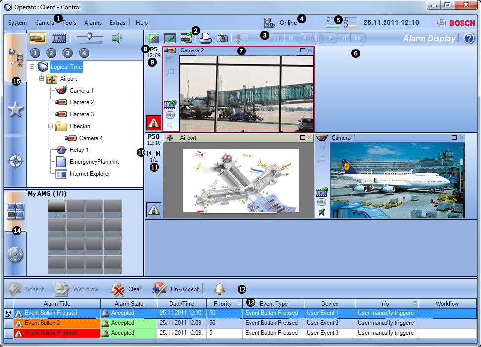 48 pt Interface do utilizador Bosch Video Management System 1 Barra de menu Permite-lhe seleccionar um comando de menu. 2 Barra de ferramentas Exibe os botões disponíveis.