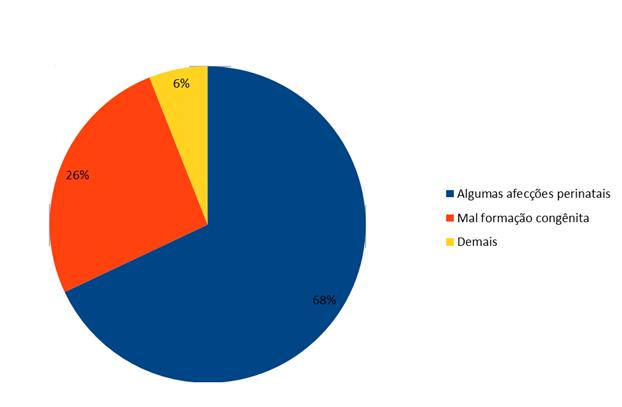 Na classificação de óbitos neonatal precoce, as afecções perinatais apresentaram 79% das causas de óbito, seguido por 19% ocasionadas pela malformação congênita, e 2% são por outras causas.