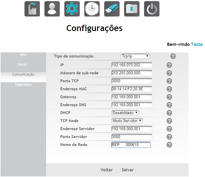 6.3. Tela Configurações: Comunicação Tipo de comunicação: Modo utilizado pelo equipamento para realizar a comunicação. IP: Campo de definição para o IP do equipamento.