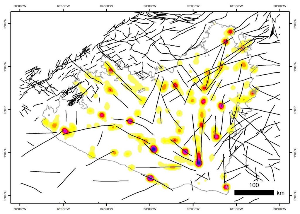 Figura 13 - Mapa de densidade kernel das anomalias sobreposto aos lineamentos morfoestruturais.