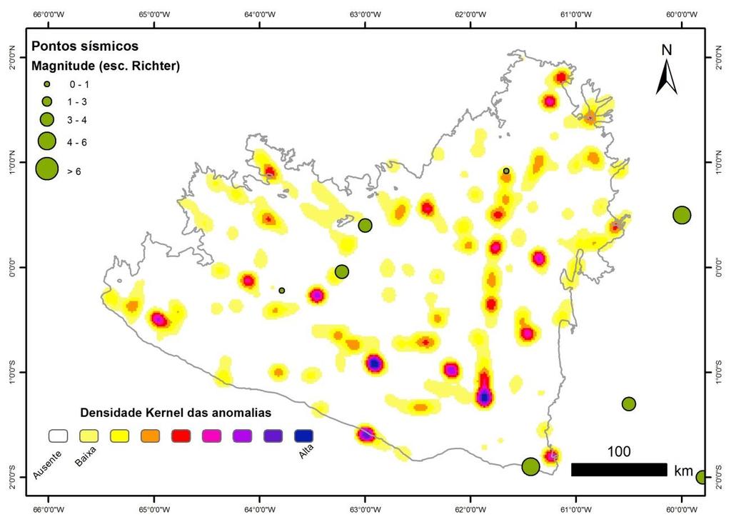 Figura 14 - Mapa de densidade kernel das anomalias sobreposto aos pontos sísmicos.