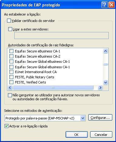 9. No menu de propriedades do PEAP proceda aos seguintes passos: - Nos "métodos de autenticação" selecione a opção: Protegido por palavra-passe