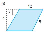 7) Sobre a ÁREA DO PARALELOGRAMO: a) Determine a área do paralelogramo abaixo: b) Calcule a área do paralelogramo em que a base mede 2,5 m e a altura relativa a ela, 1,8m.