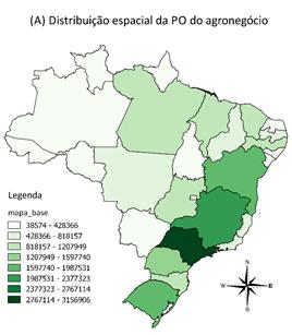 Figura 5 - (A) Distribuição (número de pessoas) da PO do agronegócio nas unidades da federação em 2015; (B) Participação (%) da PO do agronegócio na PO total de cada estado em 2015.