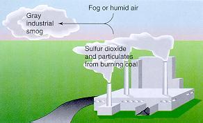 smog industrial (cinzento) Fog ou ar úmido SO 2 e MP originados da queima de carvão a luz solar óxidos de