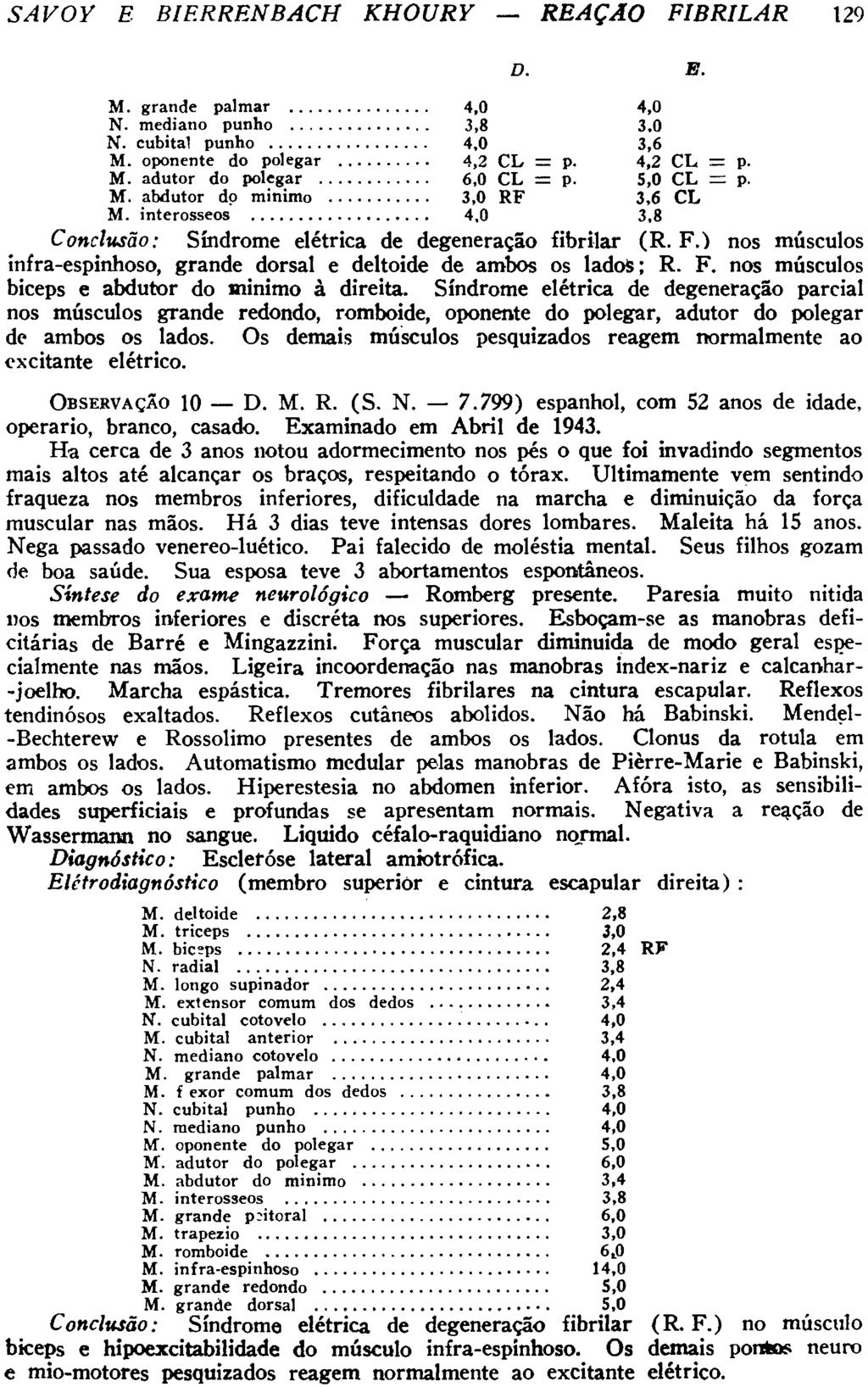 Conclusão: Síndrome elétrica de degeneração fibrilar (R. F.) nos músculos infra-espinhoso, grande dorsal e deltoide de ambos os lados; R. F. nos músculos biceps e abdutor do minimo à direita.