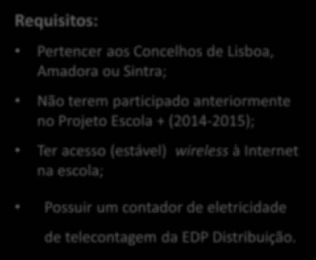 Internet na escola; Possuir um contador de eletricidade de telecontagem da EDP Distribuição.