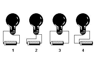 9. Um menino resolveu acender uma lâmpada, utilizando dois fios de ligação e uma pilha, conforme as quatro montagens a seguir: A única ligação na qual a lâmpada acendeu foi a a) 1 b) 2 c) 3 d) 4 10.