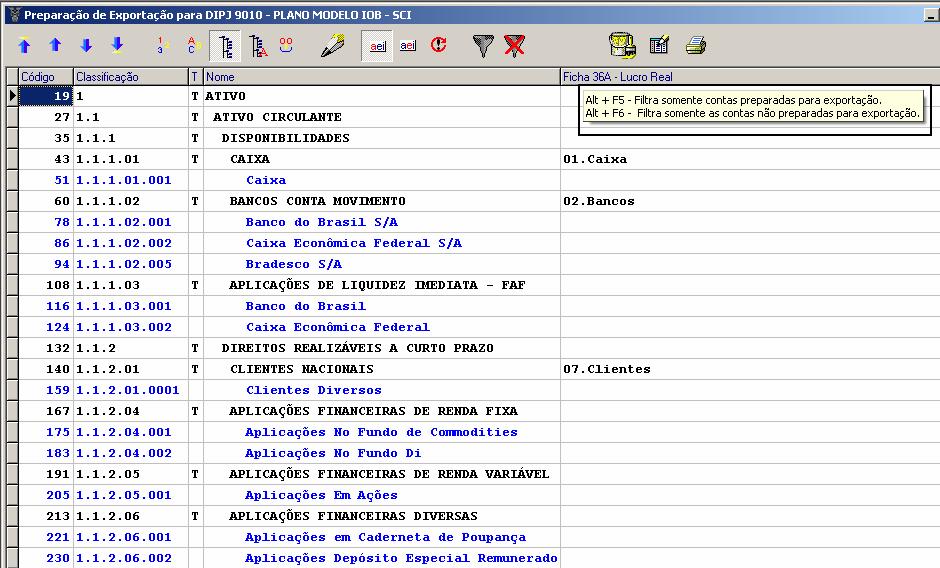 pra visualizar as contas que já estão parametrizadas ou que não foram definidas para a exportação pode ser ativada através