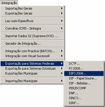 Depois de feita a exportação no Visual Sucessor, acesse o Visual Suprema e em seguida o menu Integração/Exportação para Sistemas Federais/DIPJ