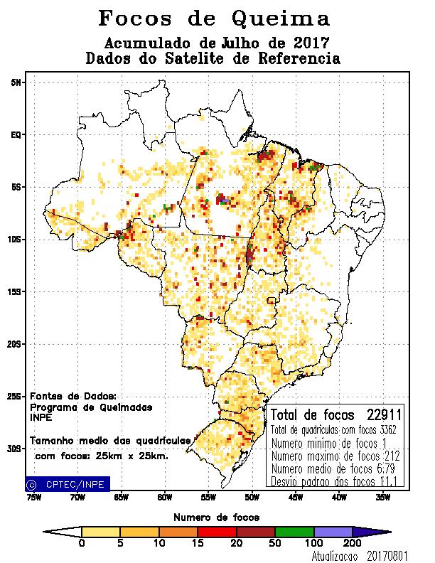 Mapa 2.1 Total de detecções registradas em Julho/2017 segundo o satélite referência.