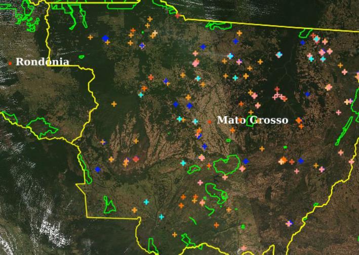 Figura 4.2 Distribuição de focos ao norte do estado do Mato Grosso no dia 10 de julho.