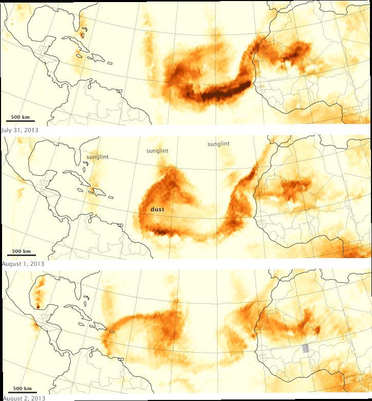Ozone Mapping Profiling Suite instrument's Limb Profiler Saharan dust storm on Each image is a composite of three adjacent satellite passes.