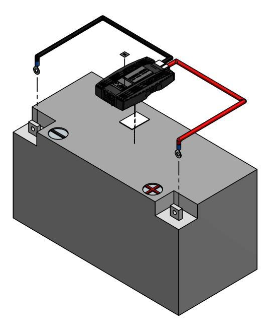 Passo 1 Procedimento: 1. Posicione O módulo Equalizer sobre a Bateria de tal forma a facilitar a conexão entre os seus polos Positivo e Negativo. 2.