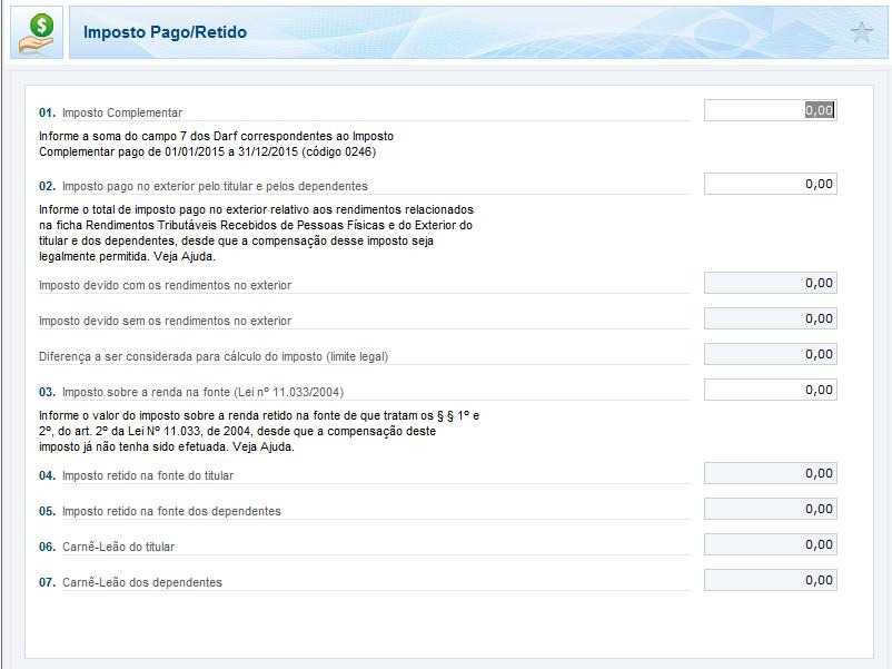 Ficha Imposto Pago/Retido