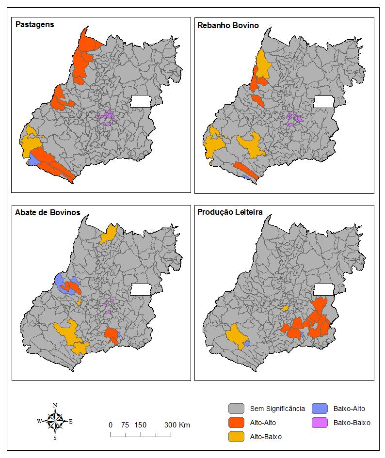 Figura 5: LISA Cluster Pastagens (IBGE, 2014); LISA Cluster Rebanho Bovino (IBGE, 2014); LISA Cluster Abates de Bovinos (IBGE, 2006); LISA Cluster Produção Leiteira (IBGE, 2012) Analisando o cluster