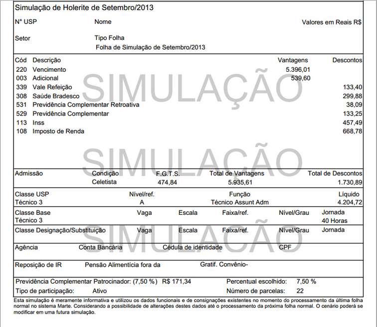 Holerite simulado pelo sistema