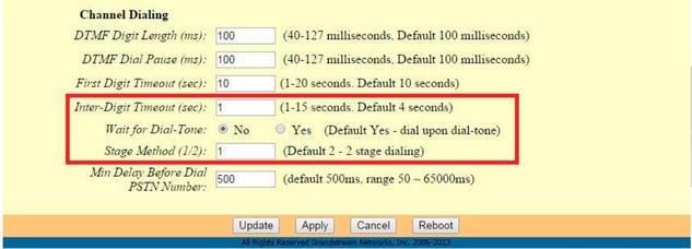 Wait for Dial-Tone: marque a opção NO Stage Method: digite 1 Feito isso as configurações no