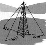 3. A figura mostra uma antena retransmissora com 72 m de altura. Ela é sustentada por 3 cabos de aço que ligam o topo da antena ao solo, em pontos que estão a 30 m do pé da antena.