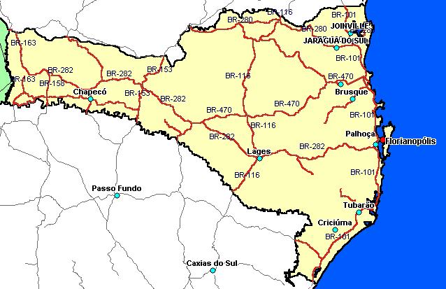 32 Tabela 3 - Malha rodoviária de Santa Catarina em 2004. JURISDIÇÃO Extensão (Km) Federal 2.548,4 Estadual Transitória 993,8 Estadual 5.975,5 Municipal 97.273,6 Total 106.791,3 Fonte: DNIT (2005).
