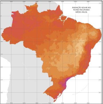 Potencial Energia Solar Irradiação Solar no Plano Inclinado Média Anual : Brasil: 1650 a 2400 (kwh/m 2 /ano) (4 a 6 KWh/m2 /dia) Alemanha: