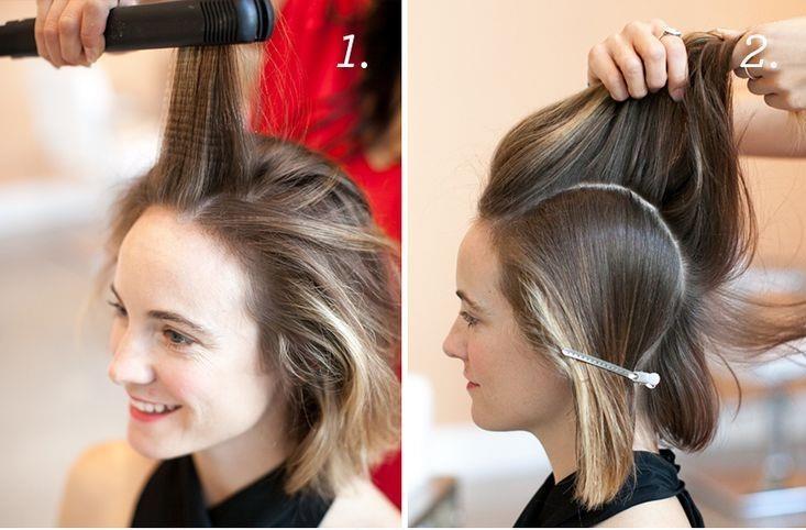 Veja abaixo o passo a passo de um penteado para cabelos curtos: 1 Pegue uma mecha da frente do cabelo,