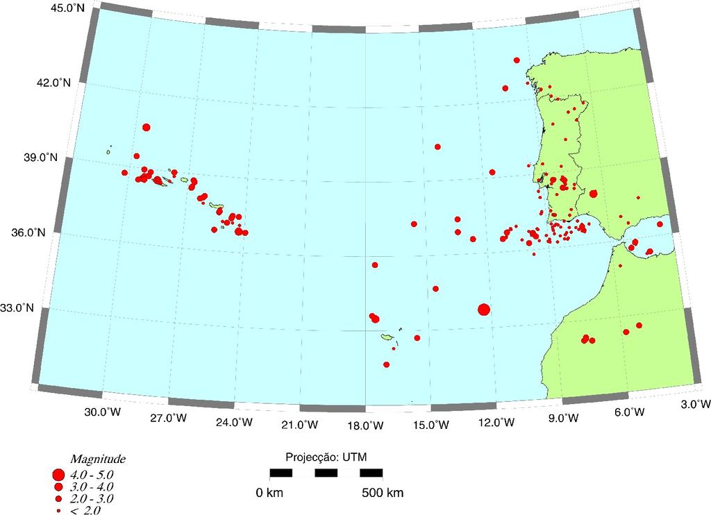 Mapa de sismicidade Açores-Madeira-Gibraltar registada pela Rede Sísmica Nacional no período de 2/ / - 2/ /.