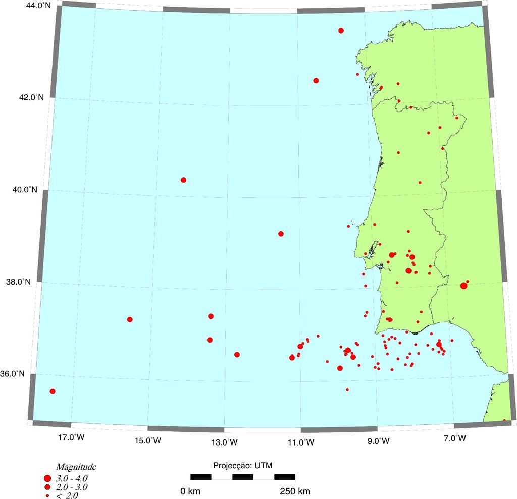 Na Figura apresenta-se o mapa de sismicidade do continente e área adjacente. A atividade sísmica com eventos de maior magnitude ocorreu a W-SW do Cabo S.