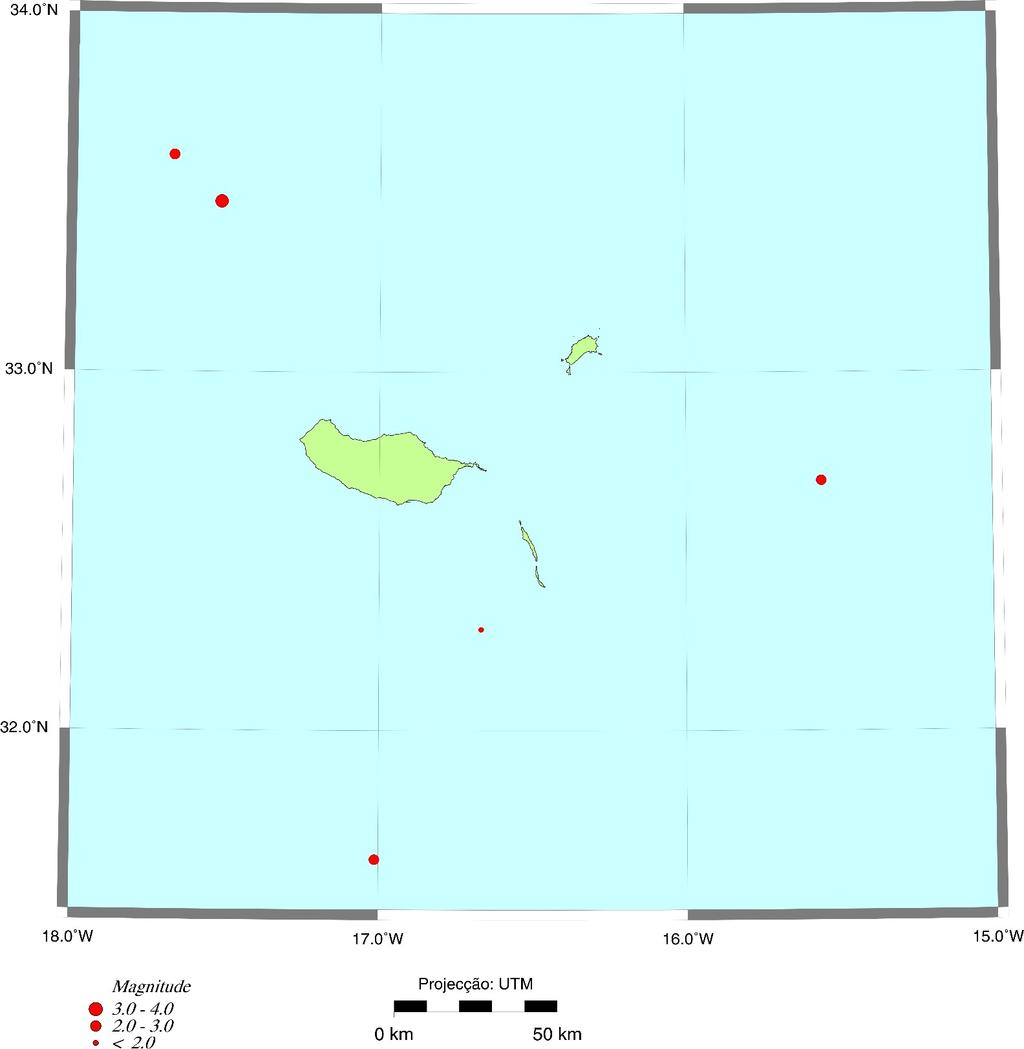 Resumo da Sismicidade - Madeira Na Figura apresenta-se o mapa de sismicidade do Arquipélago da Madeira e área adjacente e na Tabela 2 uma lista dos sismos com epicentro nesta zona (Os