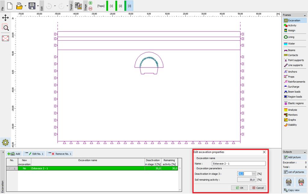 Caixa de diálogo Editar propriedades da escavação Etapa de construção 3 De seguida, vamos voltar a