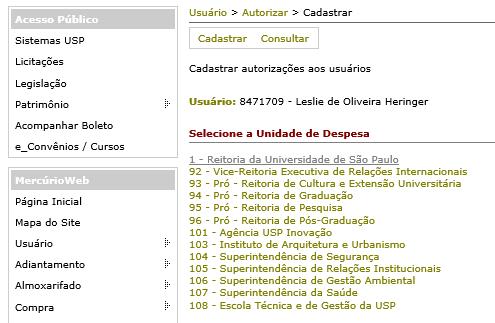 Informe o número USP do usuário e clique em.