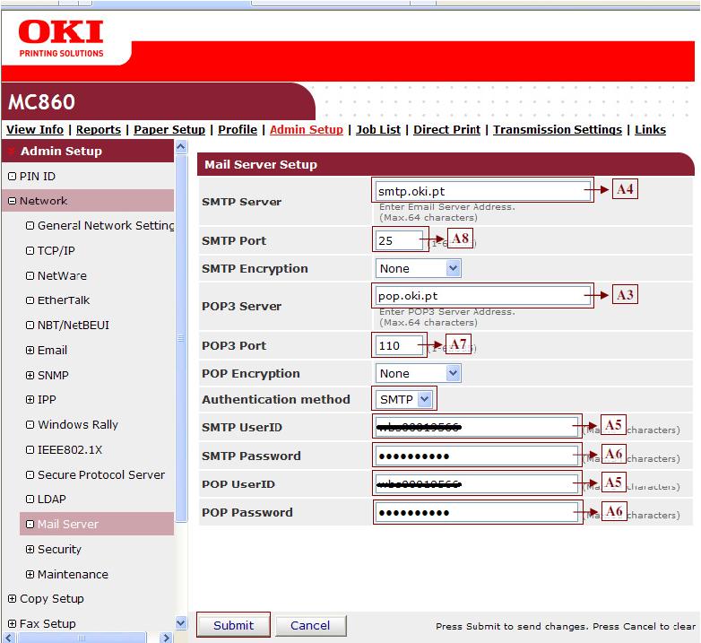 Em [Network]->[Mail Server] inserir as definições de servidor de Email (definições essas como visualizadas