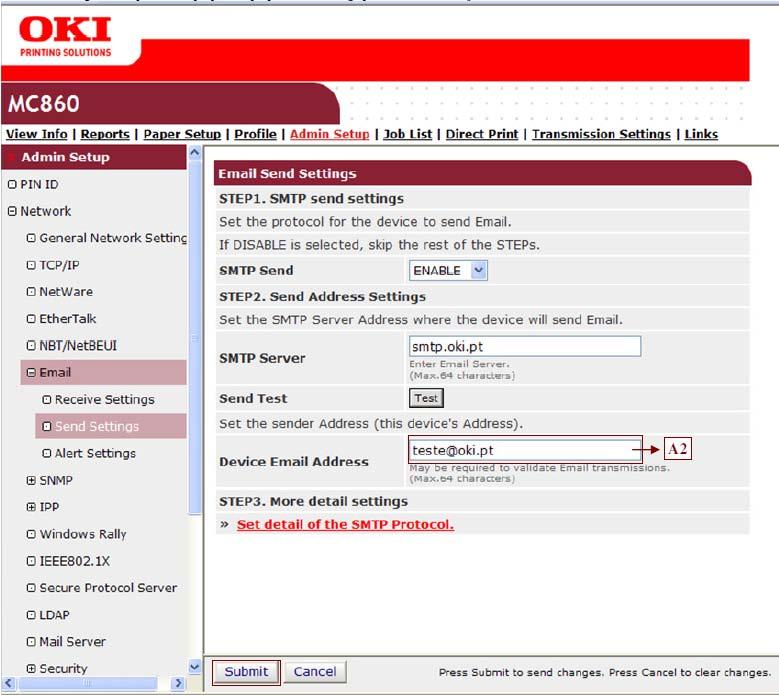 Em [Network]->[Email]->[Send Settings] inserir o