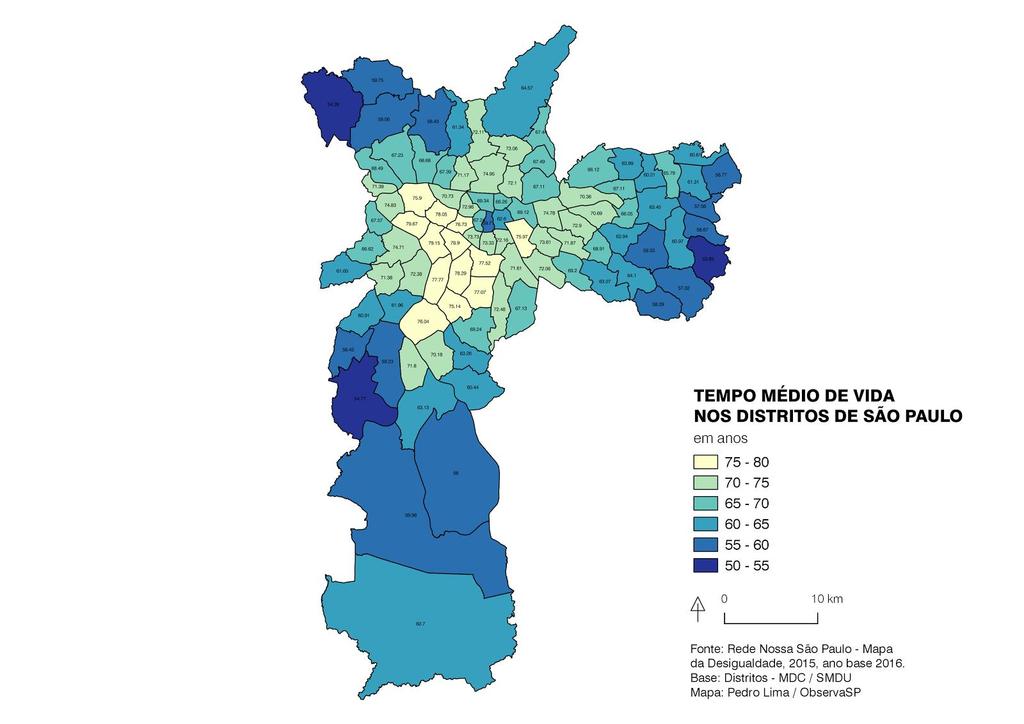 Imagem 5: Tempo médio de vida nos distritos de São Paulo Fonte: Rede Nossa São Paulo (2016) Ainda, é necessário pontuar o trabalho como um forte contribuinte para o processo de adoecimento da