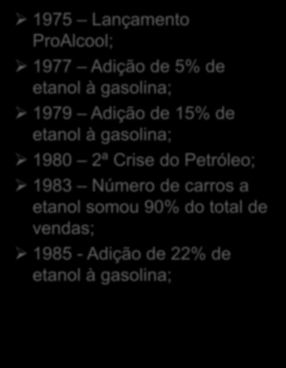 ETANOL Breve histórico 1975 Lançamento ProAlcool; 1977 Adição de 5% de etanol à gasolina;