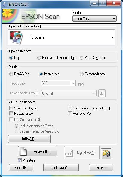 1. Selecione o tipo de documento que estiver digitalizando como o Tipo de Documento, como Fotografia ou Texto/Contornos. 2. Selecione Cor, Escala de Cinzentos ou Preto & Branco como Tipo de Imagem. 3.