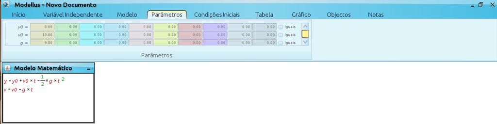 Tela Modelo Os parâmetros y0, v0 e g são definidos na aba Parâmetros.