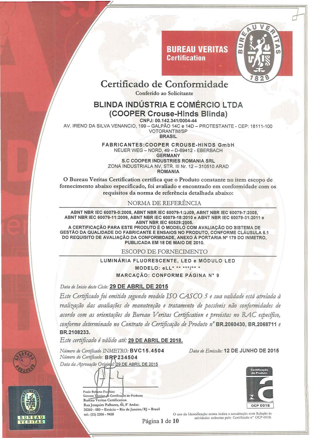 Conferido ao Solicitante BLINDA INDÚSTRIA E COMÉRCIO L TOA (COOPER Crouse-Hinds Blinda) CNPJ: 00.142.341/0004-44 AV.