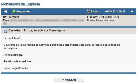 acessar o sistema, será encaminhado automaticamente para a página de Mensagens da Empresa, permitindo o conhecimento e acesso as mensagens.