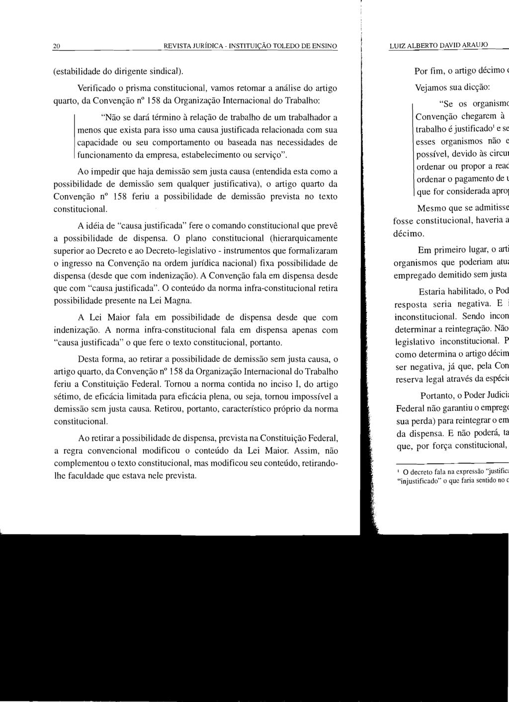 20 REVISTA JURÍDICA - INSTITUIÇÃO TOLEDO DE ENSINO (estabilidade do dirigente sindical).