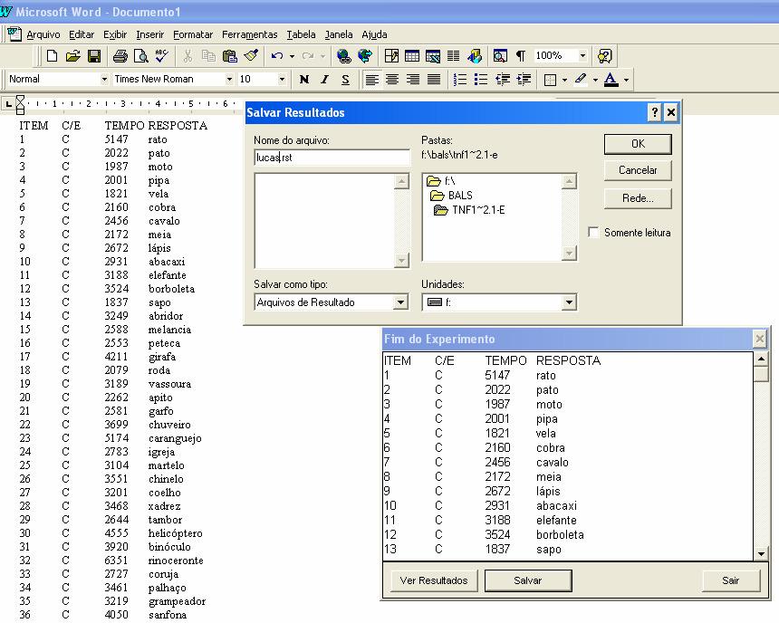 215 Figura 4. No primeiro plano, as duas janelas que aparecem ao final do TNF1.3 Escrita Comp da Bales on line: A de resultados e a de salvamento do arquivo de resultados, com o arquivo Lucas.