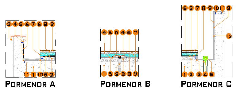 Pormenor A (remate a meio de paramento vertical): 1 - Laje; 2 - Enchimento e regularização; 3 - Capeamento; 4 - Perfil colaminado masticado; 5 - Tecgeo; 6 - Ecopvc; 7 Isolamento térmico; 8 Camada de