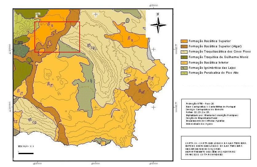Capítulo 3: Caso de Estudo I De acordo com a carta geológica da ilha Terceira, Rodrigues (2002), o substrato geológico da zona interceptada por este trabalho é constituído pelas seguintes formações