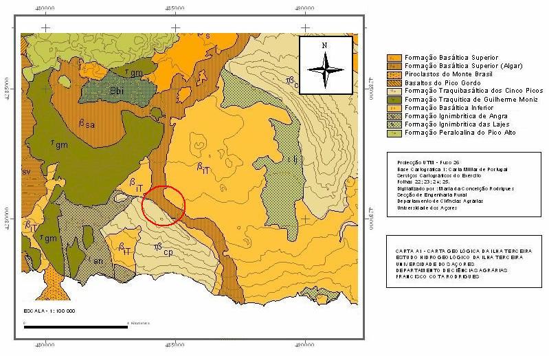Capítulo 4: Caso de Estudo II De acordo com a carta geológica da ilha Terceira, Rodrigues (2002), o substrato geológico da zona interceptada por este trabalho é constituído pelas seguintes formações
