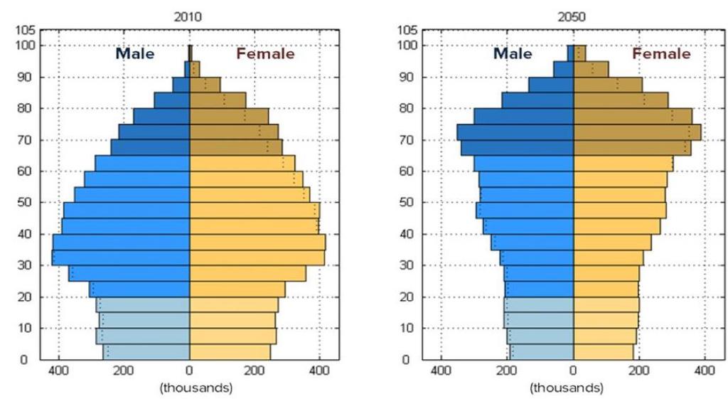 População Mundial, 2010 and 2050 Idade e Género Fonte: International Conference on Population and Development Beyond 2014, Portugal
