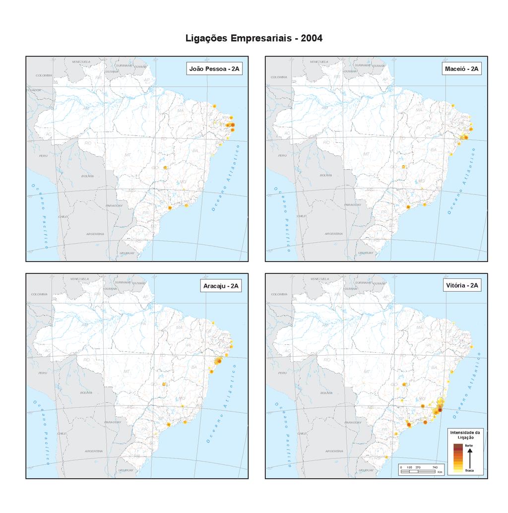 Ligações empresariais Intensidade de Relacionamento Empresarial - Vitória Intensidade de Ordem Cidade Relacionamento 1 São Paulo (SP) 694 2 Rio de Janeiro (RJ) 471 3 Belo Horizonte (MG) 266 4