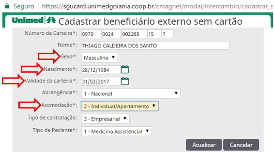 Beneficiário Intercâmbio Intercâmbio => beneficiário EXTERNO Ao passar o Cartão do Beneficiário de Intercâmbio, a tela CADASTRAR