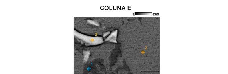 COLUNA E ponto 1: carboneto de cromo ponto 2: matriz ponto 3: carboneto de nióbio Figura 4. Coluna E, cota 2,0 m. Micrografia MEV, elétrons retroespalhados, e espectros EDS sob 20 kv de voltagem.