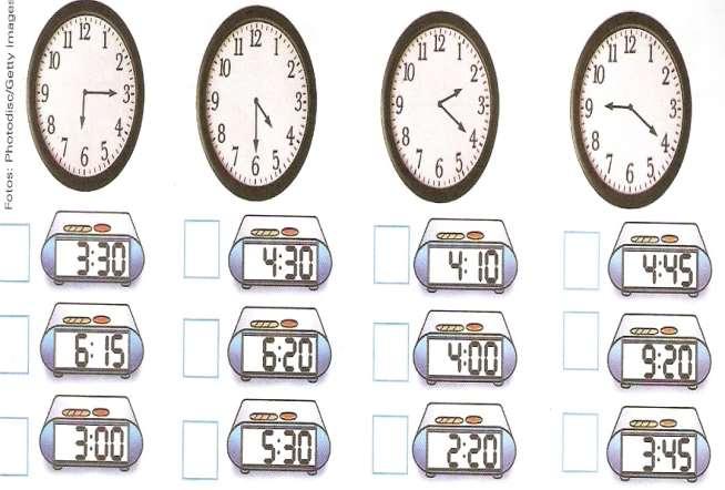 2- Estudamos e aprendemos como ler as horas, antes e depois do meio dia. Observe os relógios e marque a opção correta.