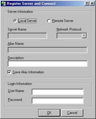 Selecione a flag Local Server e Save Alias Information, preencha o campo Login com SYSDBA e a senha como masterkey, pressione o botão <OK> para efetuar a